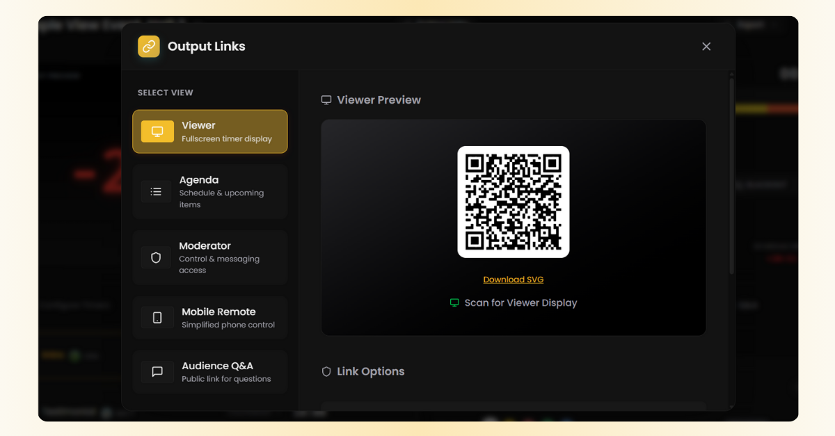 Stage Timer Online Output Links - Share QR codes and links for different views